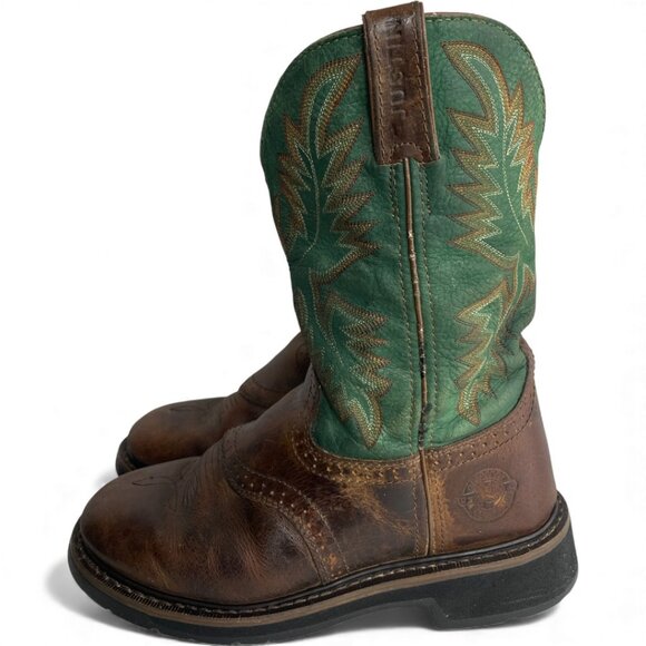 Justin Leather Western Cowboy Green Brown Boots Men's 7.5 D - Picture 7 of 13